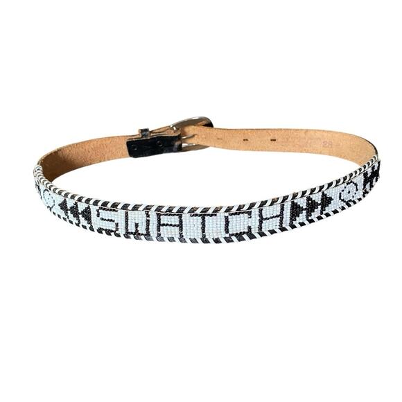 Vintage Western Beaded Swatch Belt size 28 Black White Leather main image 6